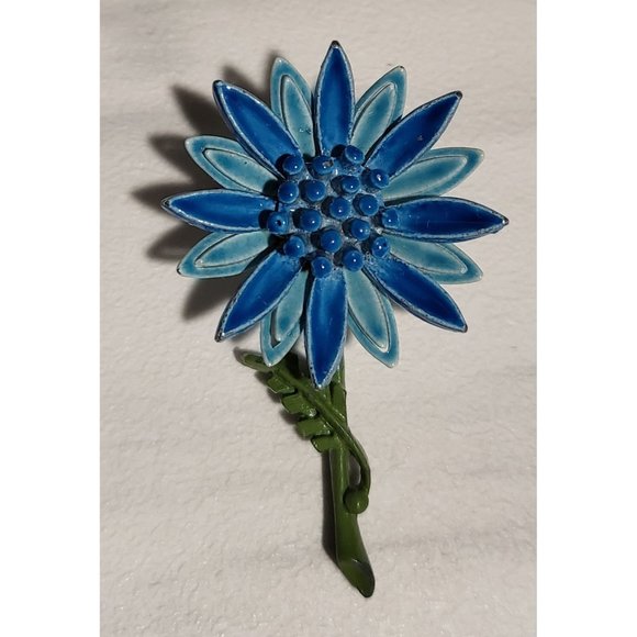 Vintage Enamel Blue Daisy Layered Brooch - Picture 1 of 4